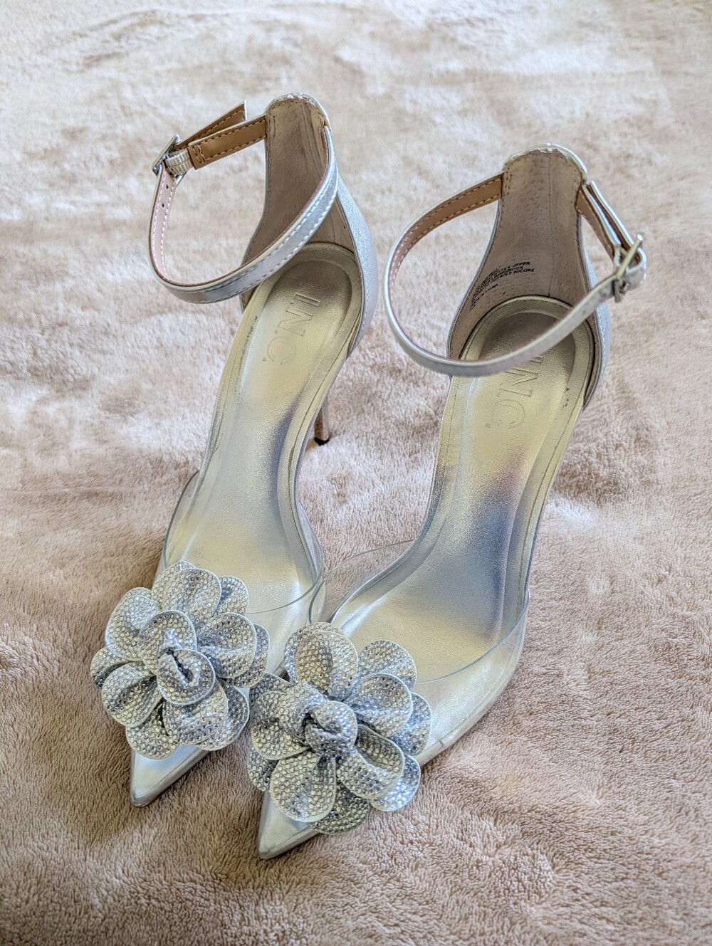 INC International Concepts Silver Floral Pointed-Toe Ankle-Strap Heels